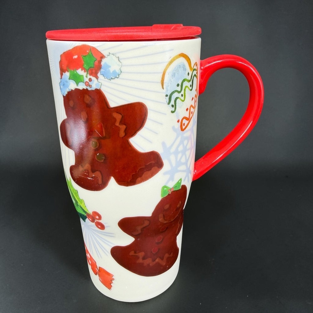 Lenox Gingerbread Man Christmas Travel Mug Ceramic Red Lid Holiday Coffee Cup